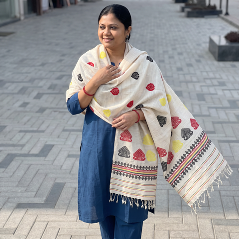 White Handspun Handwoven Pure Eri Silk Aari Hand Embroidered Shawl of Assam, worn by a model, AI visual of the shawl, iTokri