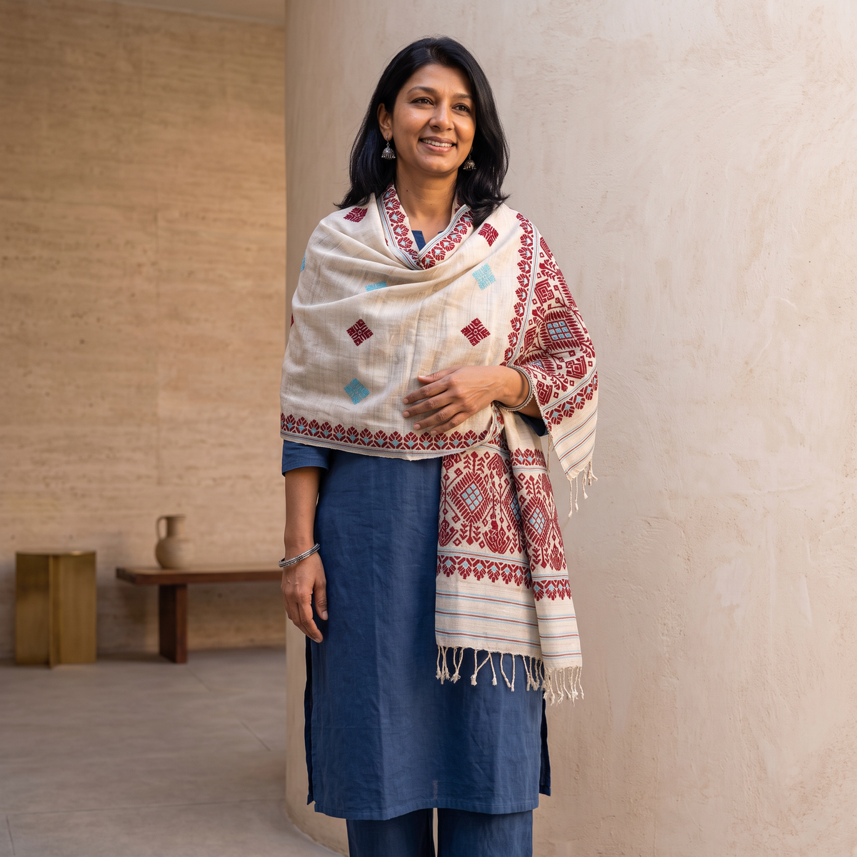 White Handspun Handwoven Pure Eri Silk Aari Hand Embroidered Shawl of Assam, worn by a model, AI visual of the shawl, iTokri