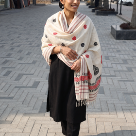 White Handspun Handwoven Pure Eri Silk Aari Hand Embroidered Shawl of Assam, worn by a model, AI visual of the shawl, iTokri