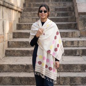 White Handspun Handwoven Pure Eri Silk Aari Hand Embroidered Shawl of Assam, worn by a model, AI visual of the shawl, iTokri