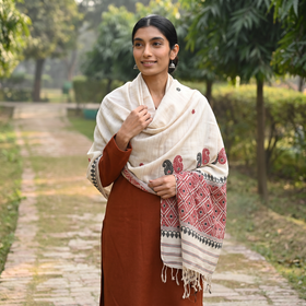 White Handspun Handwoven Pure Eri Silk Aari Hand Embroidered Shawl of Assam, worn by a model, AI visual of the shawl, iTokri