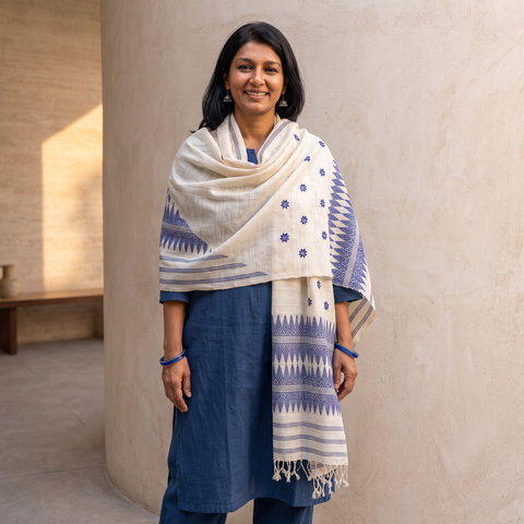 White Handspun Handwoven Pure Eri Silk Aari Hand Embroidered Shawl of Assam, worn by a model, AI visual of the shawl, iTokri