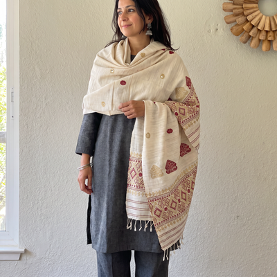 White Handspun Handwoven Pure Eri Silk Aari Hand Embroidered Shawl of Assam, worn by a model, AI visual of the shawl, iTokri