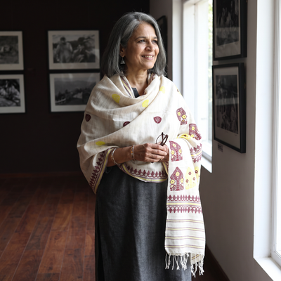 White Handspun Handwoven Pure Eri Silk Aari Hand Embroidered Shawl of Assam, worn by a model, AI visual of the shawl, iTokri