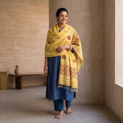 Yellow Handspun Handwoven Pure Eri Silk Aari Hand Embroidered Shawl of Assam, worn by a model, AI visual of the shawl, iTokri