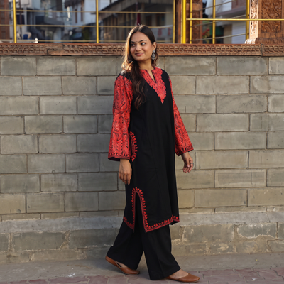 Black Handwoven Aari Embroidered Kashmiri Merino Wool Pheran, worn by a model, AI visual of the pheran, iTokri