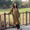 Brown Handwoven Aari Hand Embroidered Kashmiri Merino Wool Pheran, worn by a model, AI visual of the pheran, iTokri
