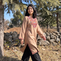 Brown Handwoven Aari Hand Embroidered Kashmiri Merino Wool Pheran, worn by a model, AI visual of the pheran, iTokri