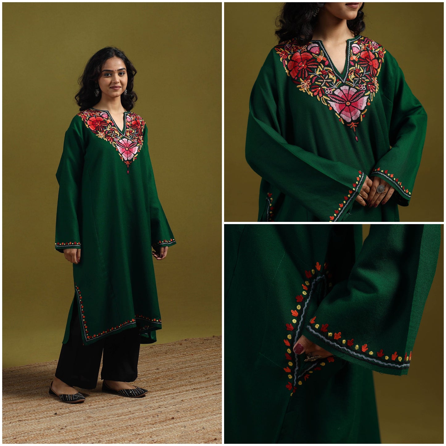 Handwoven aari hand embroidered kashmiri merino wool pheran