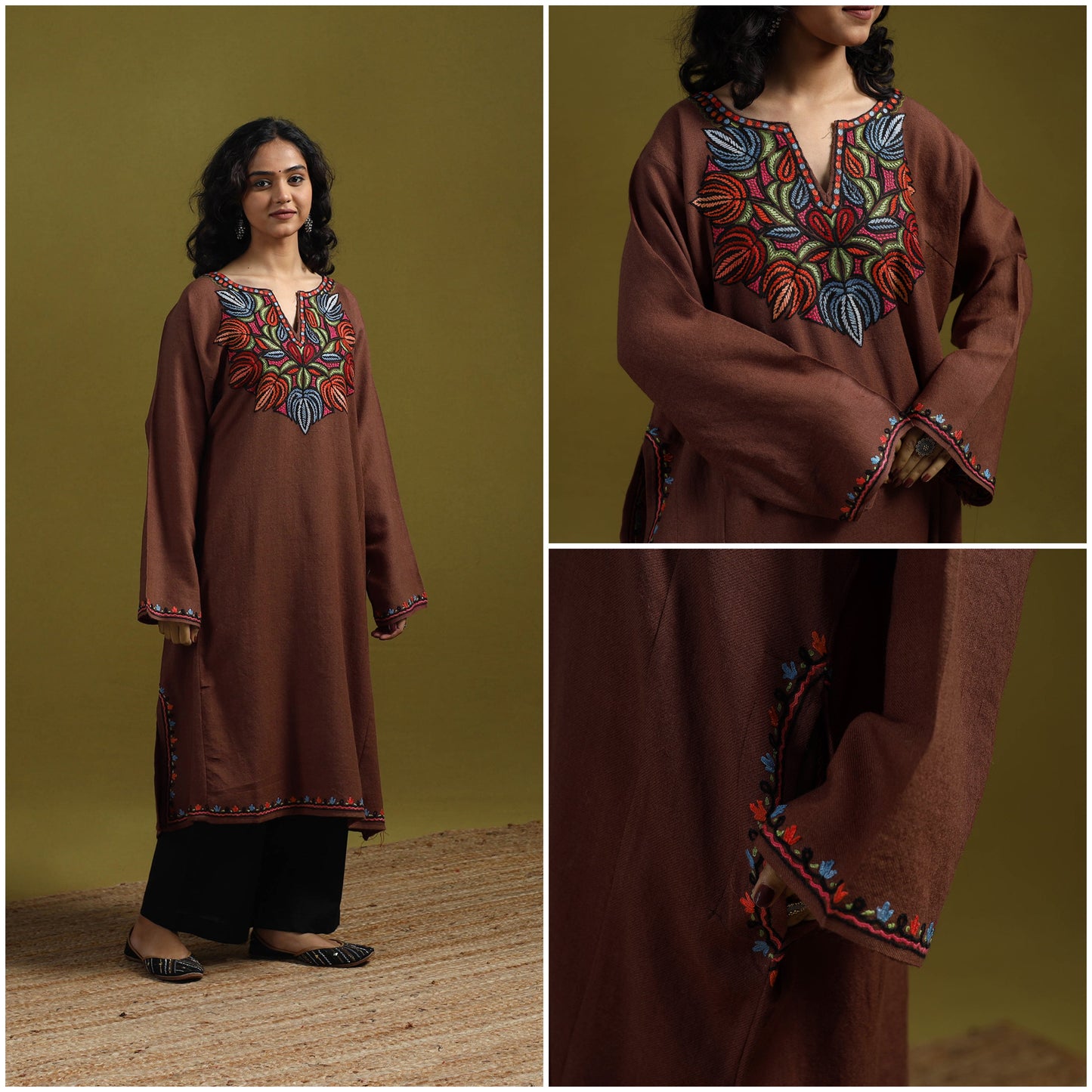 Handwoven aari hand embroidered kashmiri merino wool pheran