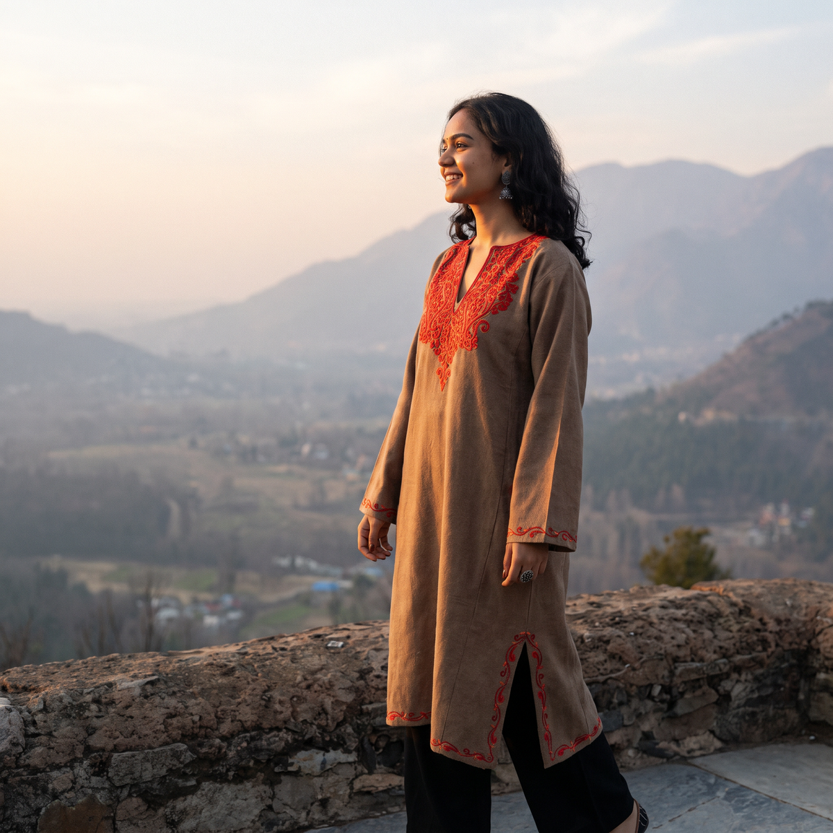 Brown Handwoven Aari Hand Embroidered Kashmiri Merino Wool Pheran, worn by a model, AI visual of the pheran, iTokri