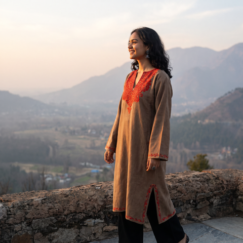 Brown Handwoven Aari Hand Embroidered Kashmiri Merino Wool Pheran, worn by a model, AI visual of the pheran, iTokri