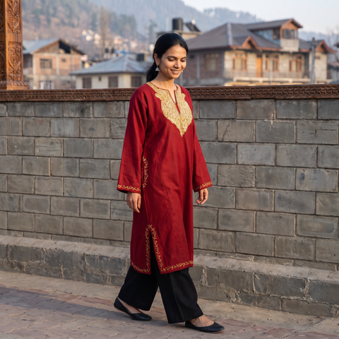 Red Handwoven Aari Hand Embroidered Kashmiri Merino Wool Pheran, worn by a model, AI visual of the pheran, iTokri