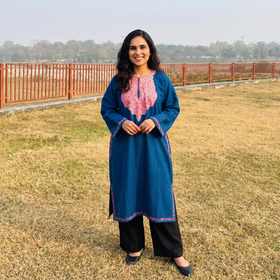 Blue Handwoven Aari Hand Embroidered Kashmiri Merino Wool Pheran, worn by a model, AI visual of the pheran, iTokri