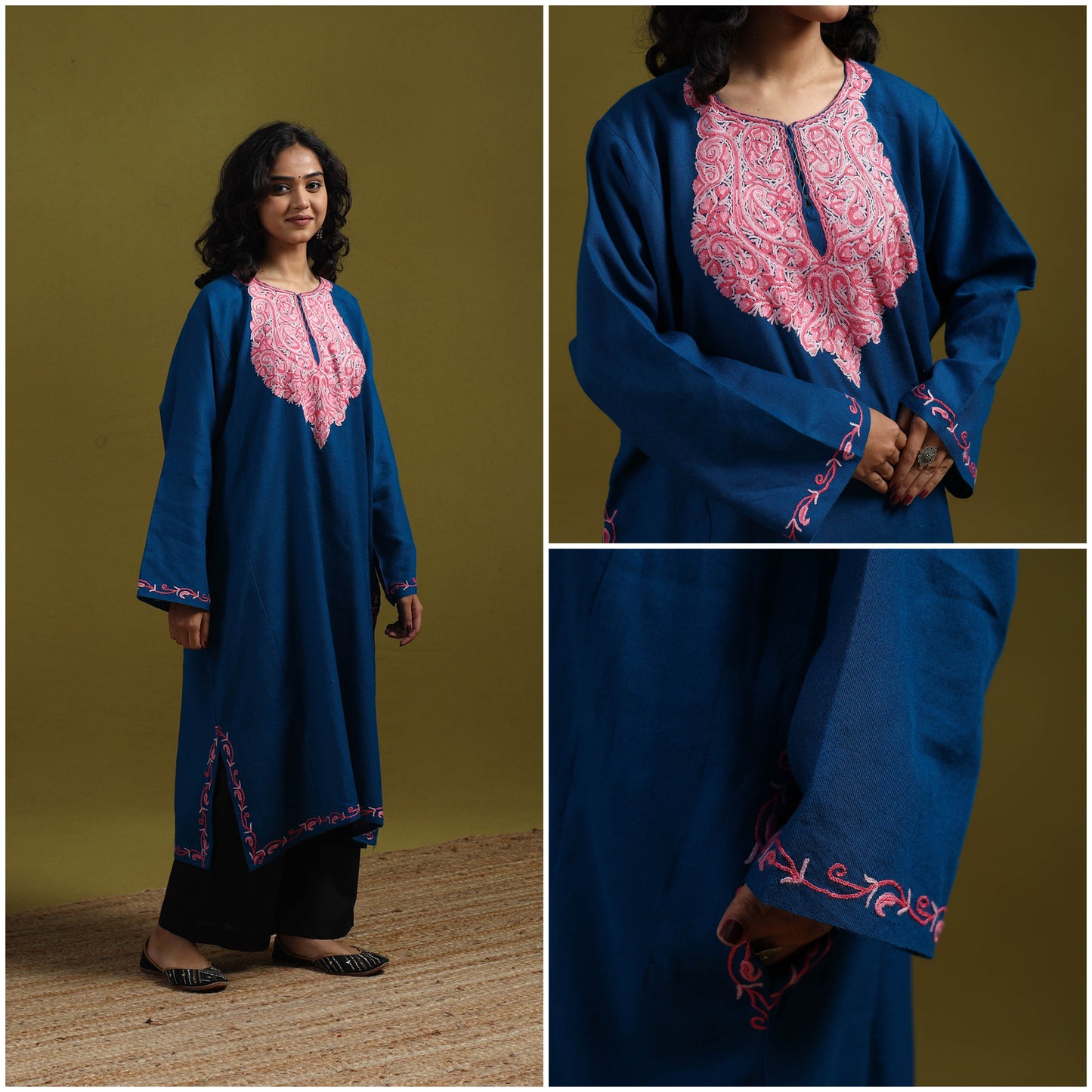 Handwoven aari hand embroidered kashmiri merino wool pheran