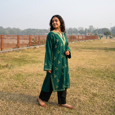 Green Handwoven Aari Hand Embroidered Kashmiri Merino Wool Pheran, worn by a model, AI visual of the pheran, iTokri