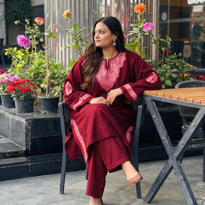 Maroon Handwoven Aari Hand Embroidered Kashmiri Merino Wool Pheran with Palazzo Set, worn by a model, AI visual of the pheran, iTokri