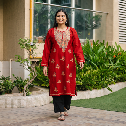 Red Handwoven Aari Hand Embroidered Kashmiri Pure Wool Pheran, worn by a model, AI visual of the pheran, iTokri