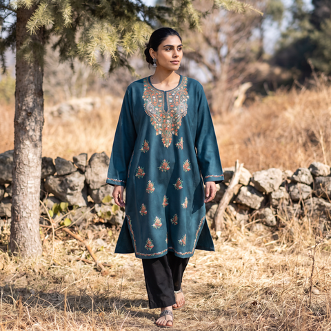 Blue Handwoven Aari Hand Embroidered Kashmiri Pure Wool Pheran, worn by a model, AI visual of the pheran, iTokri