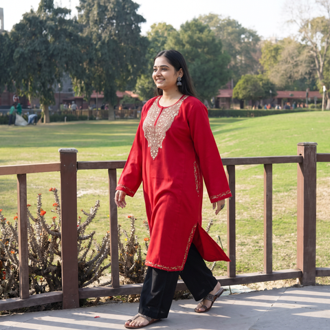 Red Handwoven Aari Hand Embroidered Kashmiri Pure Wool Pheran, worn by a model, AI visual of the pheran, iTokri