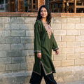 Green Handwoven Aari Hand Embroidered Kashmiri Pure Wool Pheran, worn by a model, AI visual of the pheran, iTokri