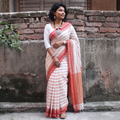 Beige Handwoven Cotton Begumpuri Saree, draped and worn by a woman, AI visual of the saree, iTokri