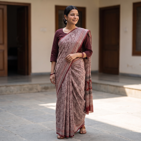 Brown Handwoven Merino Wool Bagh Block Print Saree, draped and worn by a woman, AI visual of the saree, iTokri