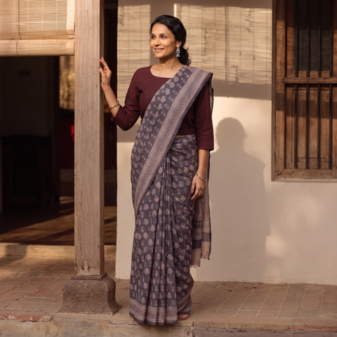 Brown Handwoven Merino Wool Bagh Block Print Saree, draped and worn by a woman, AI visual of the saree, iTokri