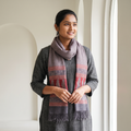 Red Handwoven Merino Wool Natural Dyed Bagh Hand Block Print Stole, worn by a woman, AI visual of the stole, iTokri