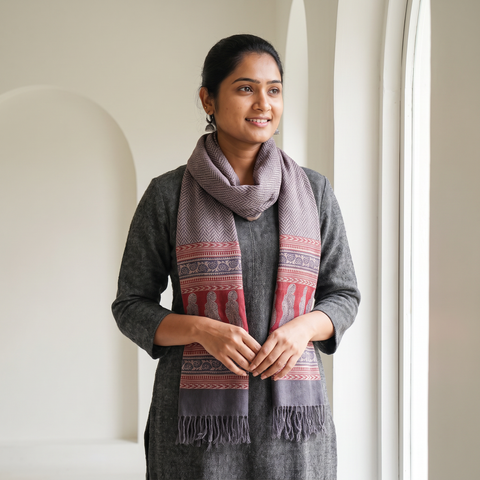 Red Handwoven Merino Wool Natural Dyed Bagh Hand Block Print Stole, worn by a woman, AI visual of the stole, iTokri