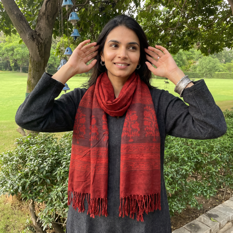 Red Handwoven Merino Wool Natural Dyed Bagh Hand Block Print Stole, worn by a woman, AI visual of the stole, iTokri