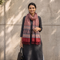 Red Handwoven Merino Wool Natural Dyed Bagh Hand Block Print Stole, worn by a woman, AI visual of the stole, iTokri