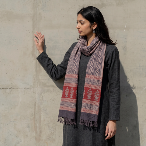 Red Handwoven Merino Wool Natural Dyed Bagh Hand Block Print Stole, worn by a woman, AI visual of the stole, iTokri