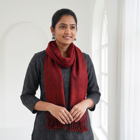 Red Handwoven Merino Wool Natural Dyed Bagh Hand Block Print Stole, worn by a woman, AI visual of the stole, iTokri