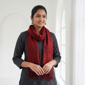 Red Handwoven Merino Wool Natural Dyed Bagh Hand Block Print Stole, worn by a woman, AI visual of the stole, iTokri