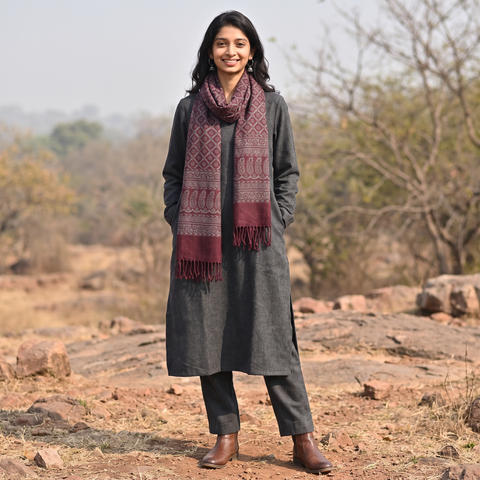 Maroon Handwoven Merino Wool Natural Dyed Bagh Hand Block Print Stole, worn by a woman, AI visual of the stole, iTokri