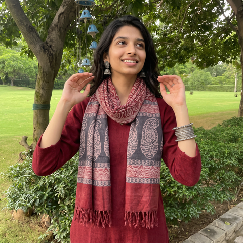 Red Handwoven Merino Wool Natural Dyed Bagh Hand Block Print Stole, worn by a woman, AI visual of the stole, iTokri