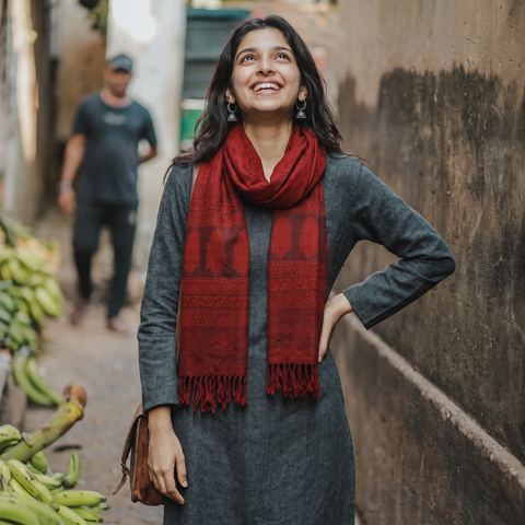 Red Handwoven Merino Wool Natural Dyed Bagh Hand Block Print Stole, worn by a woman, AI visual of the stole, iTokri