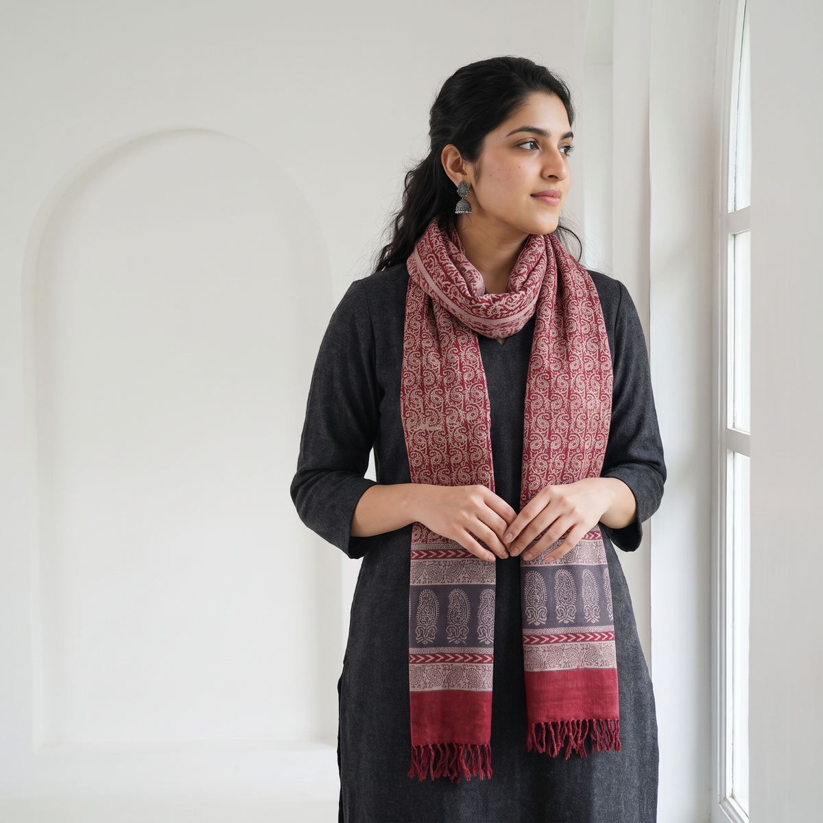 Red Handwoven Merino Wool Natural Dyed Bagh Hand Block Print Stole, worn by a woman, AI visual of the stole, iTokri