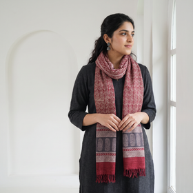 Red Handwoven Merino Wool Natural Dyed Bagh Hand Block Print Stole, worn by a woman, AI visual of the stole, iTokri
