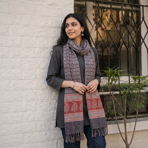 Red Handwoven Merino Wool Natural Dyed Bagh Hand Block Print Stole, worn by a woman, AI visual of the stole, iTokri
