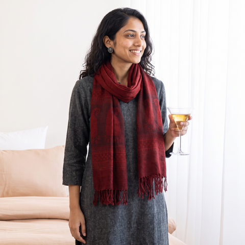 Red Handwoven Merino Wool Natural Dyed Bagh Hand Block Print Stole, worn by a woman, AI visual of the stole, iTokri