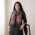 Red Handwoven Merino Wool Natural Dyed Bagh Hand Block Print Stole, worn by a woman, AI visual of the stole, iTokri