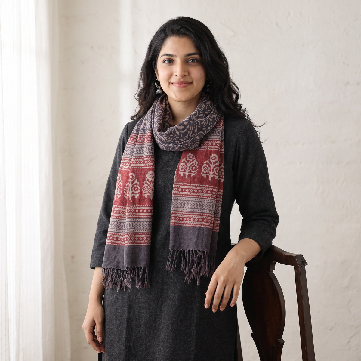 Red Handwoven Merino Wool Natural Dyed Bagh Hand Block Print Stole, worn by a woman, AI visual of the stole, iTokri