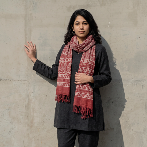 Red Handwoven Merino Wool Natural Dyed Bagh Hand Block Print Stole, worn by a woman, AI visual of the stole, iTokri