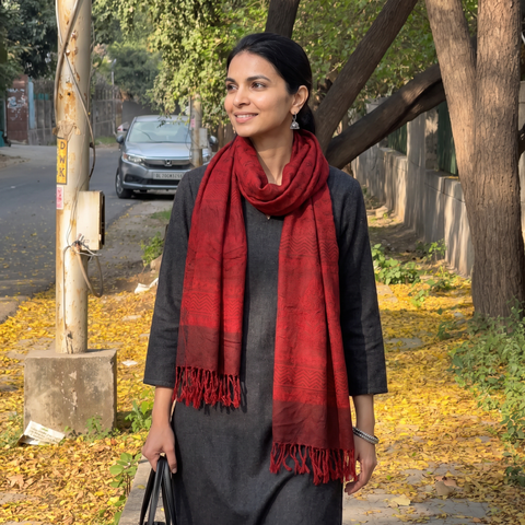 Red Handwoven Merino Wool Natural Dyed Bagh Hand Block Print Stole, worn by a woman, AI visual of the stole, iTokri
