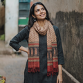 Brown Handwoven Merino Wool Natural Dyed Bagh Hand Block Print Stole, worn by a woman, AI visual of the stole, iTokri