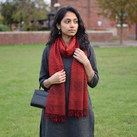 Red Handwoven Merino Wool Natural Dyed Bagh Hand Block Print Stole, worn by a woman, AI visual of the stole, iTokri