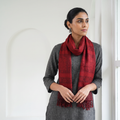 Red Handwoven Merino Wool Natural Dyed Bagh Hand Block Print Stole, worn by a woman, AI visual of the stole, iTokri
