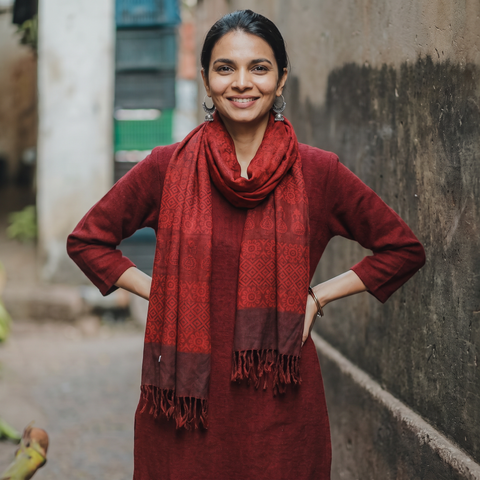 Red Handwoven Merino Wool Natural Dyed Bagh Hand Block Print Stole, worn by a woman, AI visual of the stole, iTokri